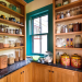 wooden pantry shelves filled with jars